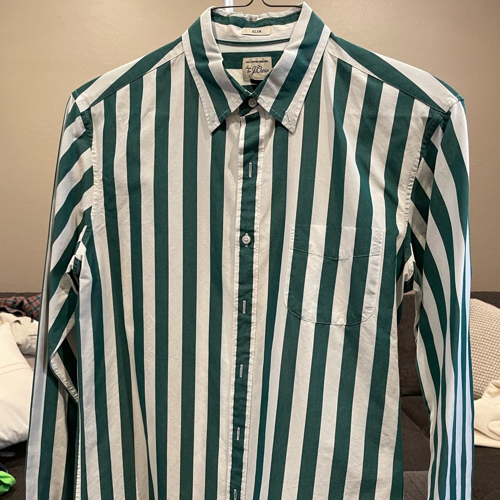 Mens Long Sleeve Dress Shirt - White and Green Pinstripe - J Crew - Mens Slim L
